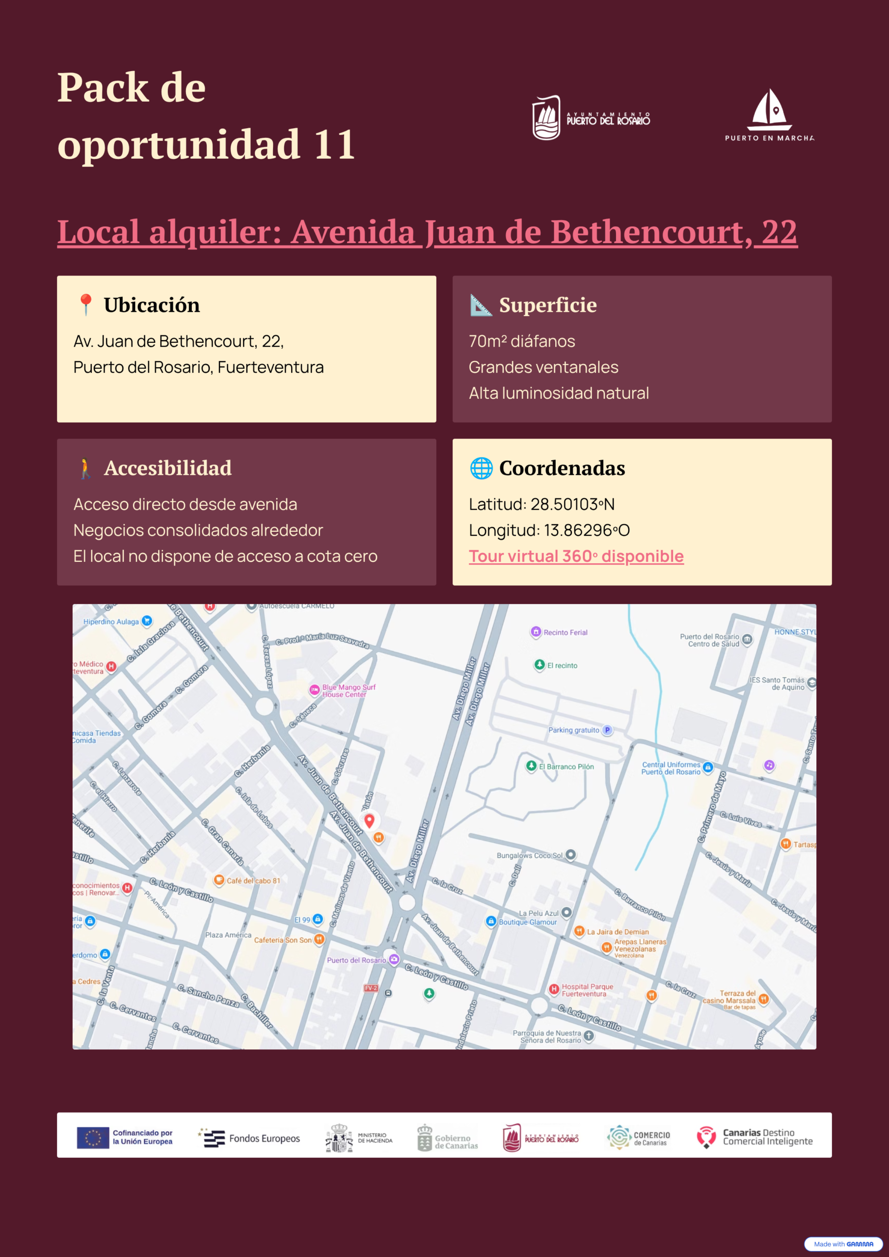 Infografía del pack de oportunidad de negocio para gestoría en Puerto del Rosario, Fuerteventura, que incluye análisis DAFO, inversión estimada y mapa de ubicación del local comercial.